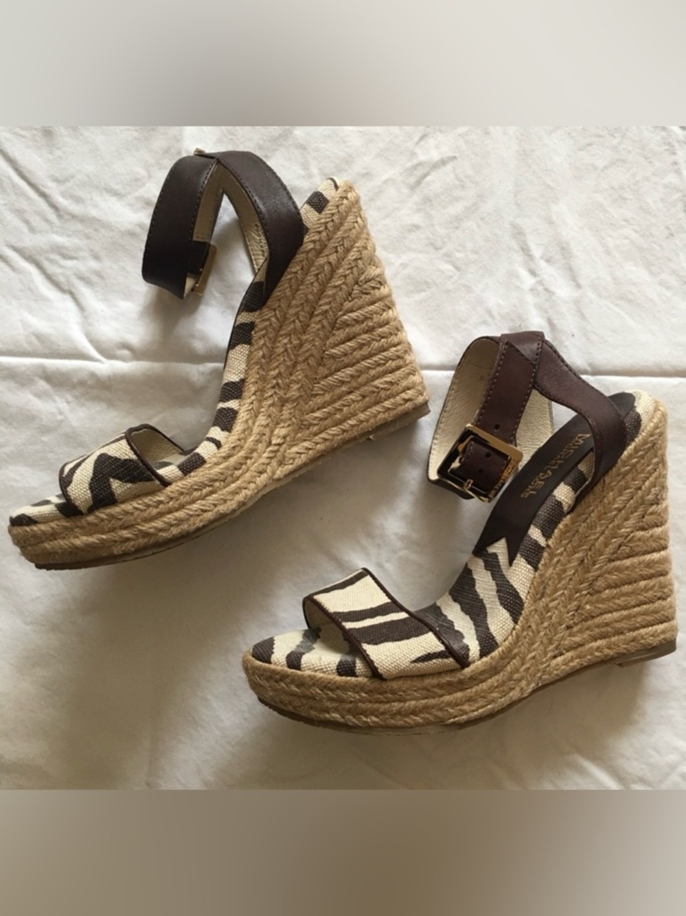 Michael Kors Brown and Cream Zebra Espadrille Wedge Sandals